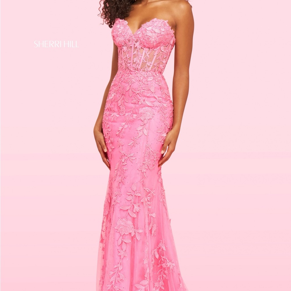 SHERRI HILL strapless lace pink prom dress!